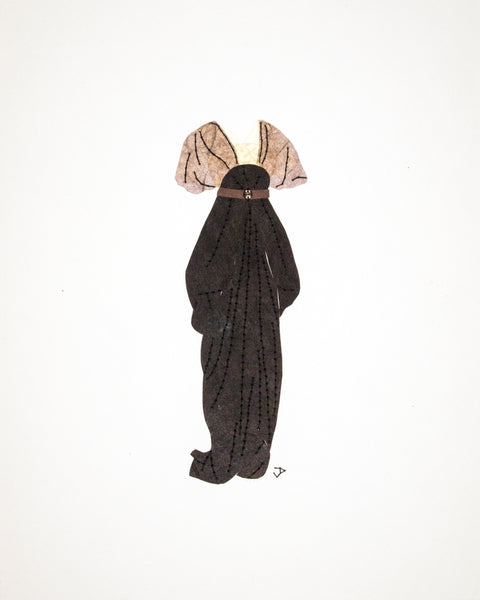 Dress #081.2: Edwardian dress in black with brown belt.
