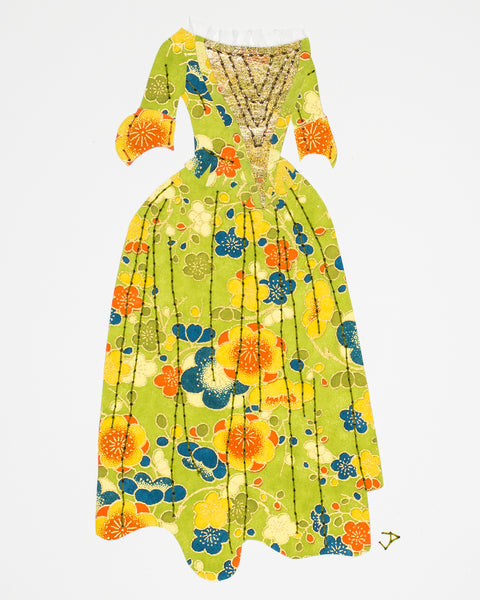 Dress #101: 17th century gown in green and gold