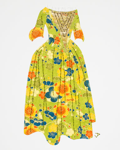 Dress #101: 17th century gown in green and gold