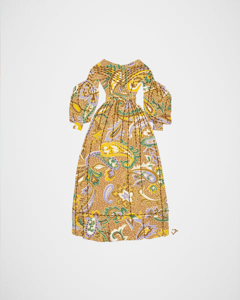 Dress #127: Early Victorian day dress in brown paisley