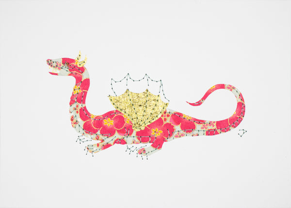 Winged & Four-legged Dragon in Coral Flowers