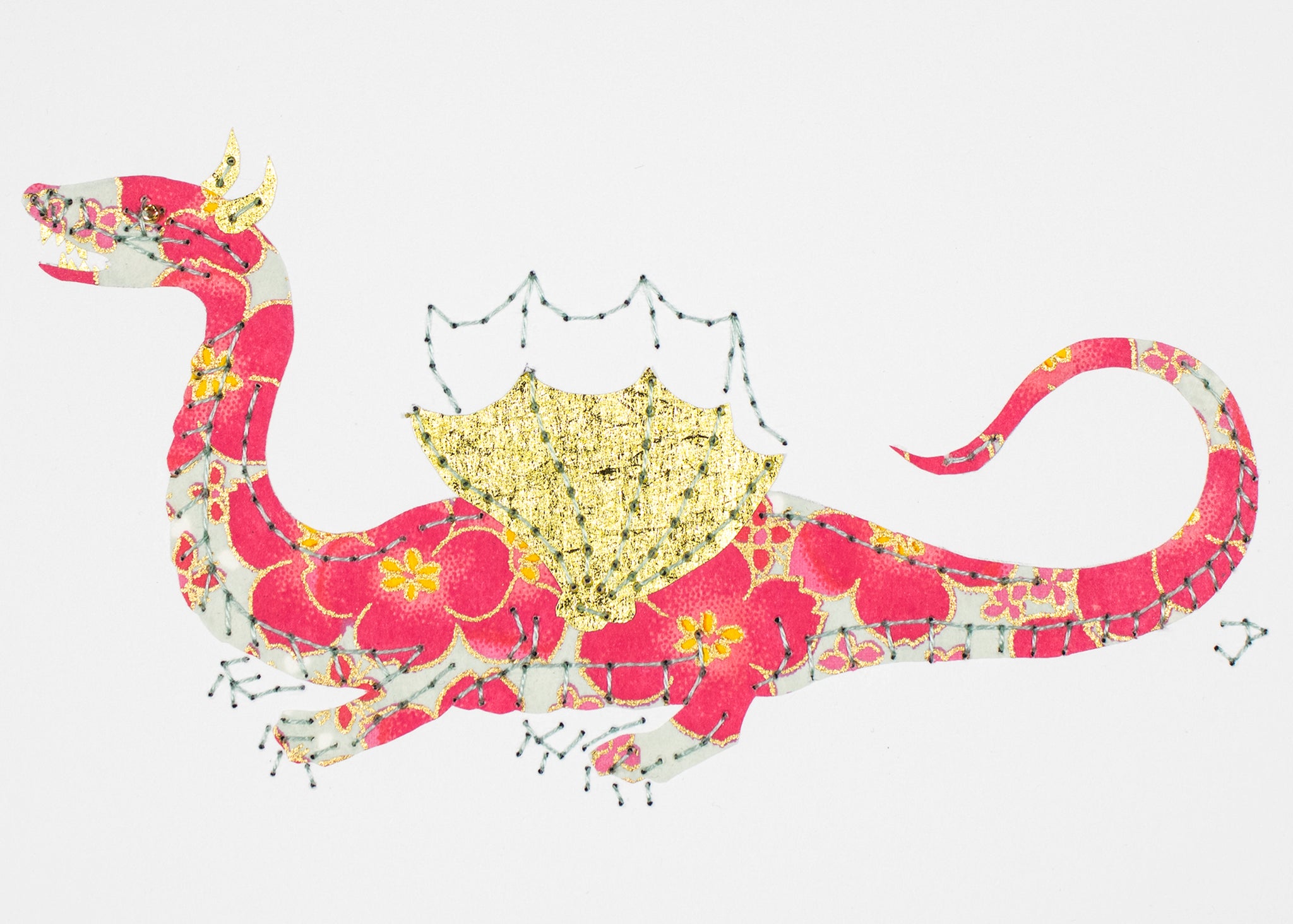 Winged & Four-legged Dragon in Coral Flowers