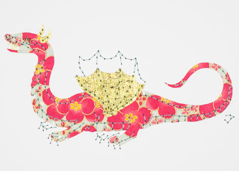 Winged & Four-legged Dragon in Coral Flowers