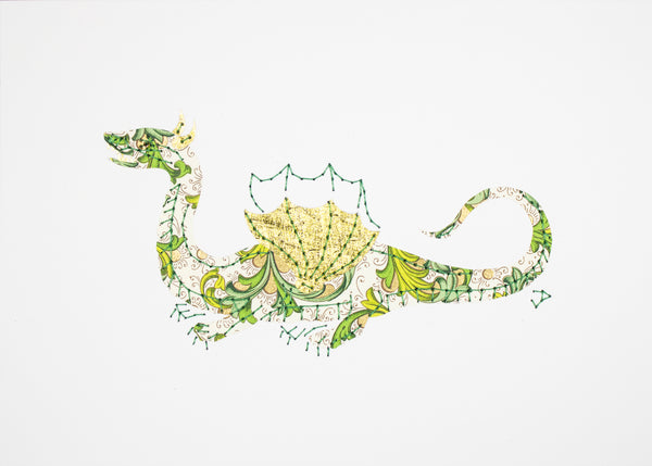Winged & four-legged dragon in greens and gold