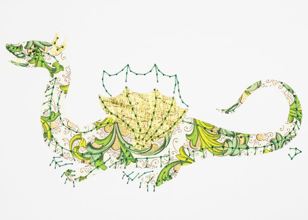 Winged & four-legged dragon in greens and gold