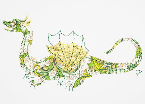 Winged & four-legged dragon in greens and gold
