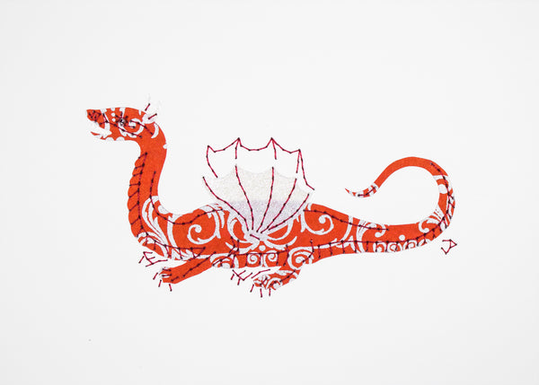 Winged & four-legged dragon in red and silver filigree