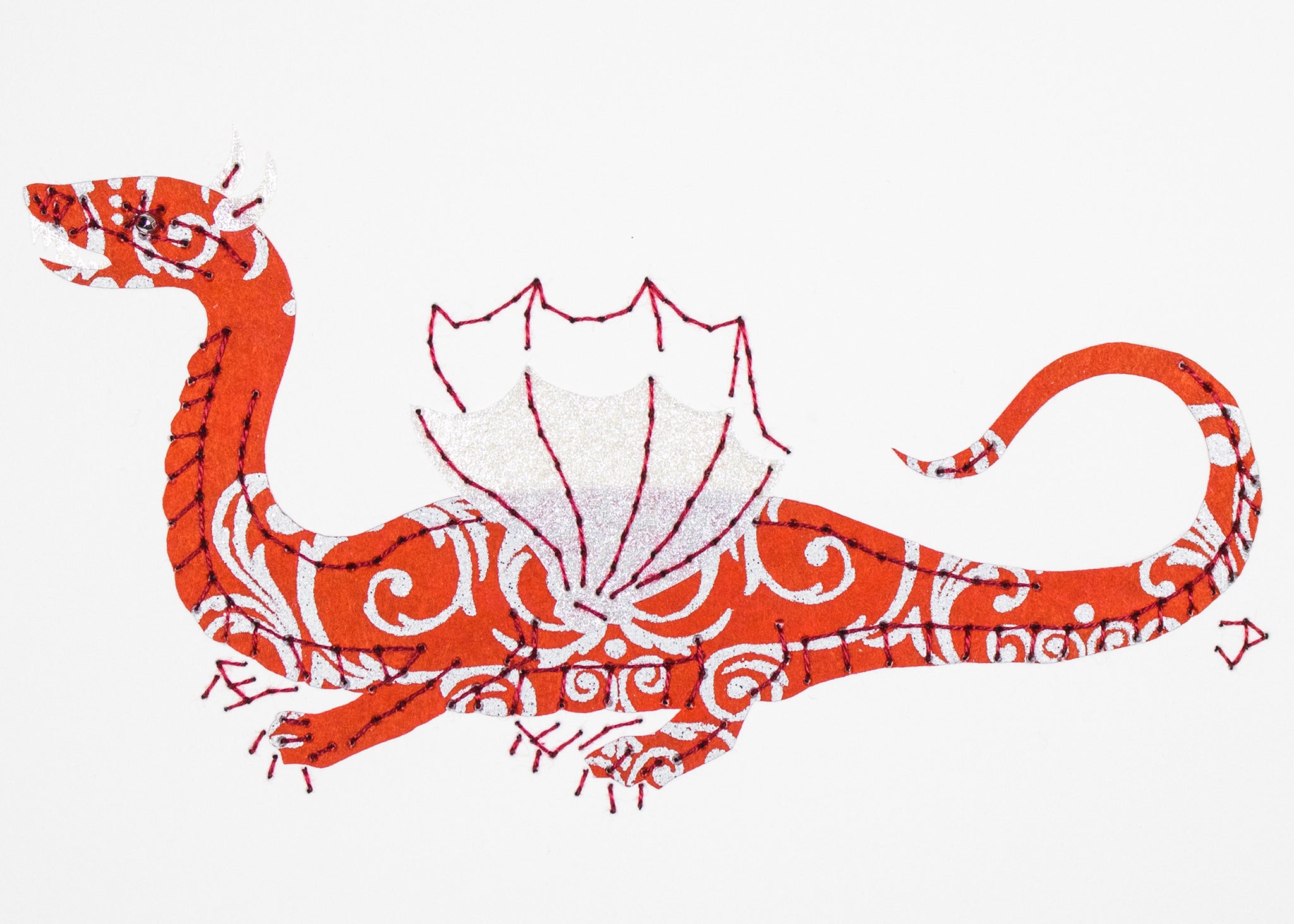 Winged & four-legged dragon in red and silver filigree