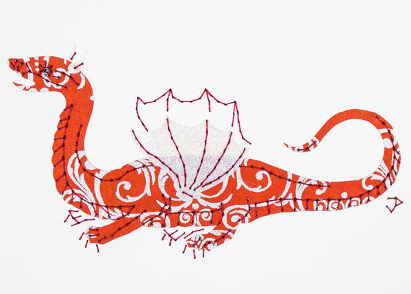 Winged & four-legged dragon in red and silver filigree