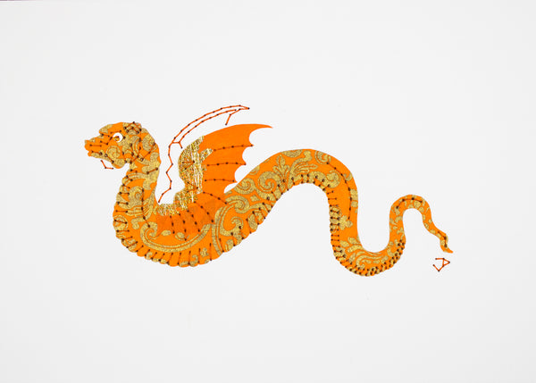Winged dragon in orange and gold