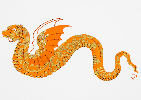Winged dragon in orange and gold