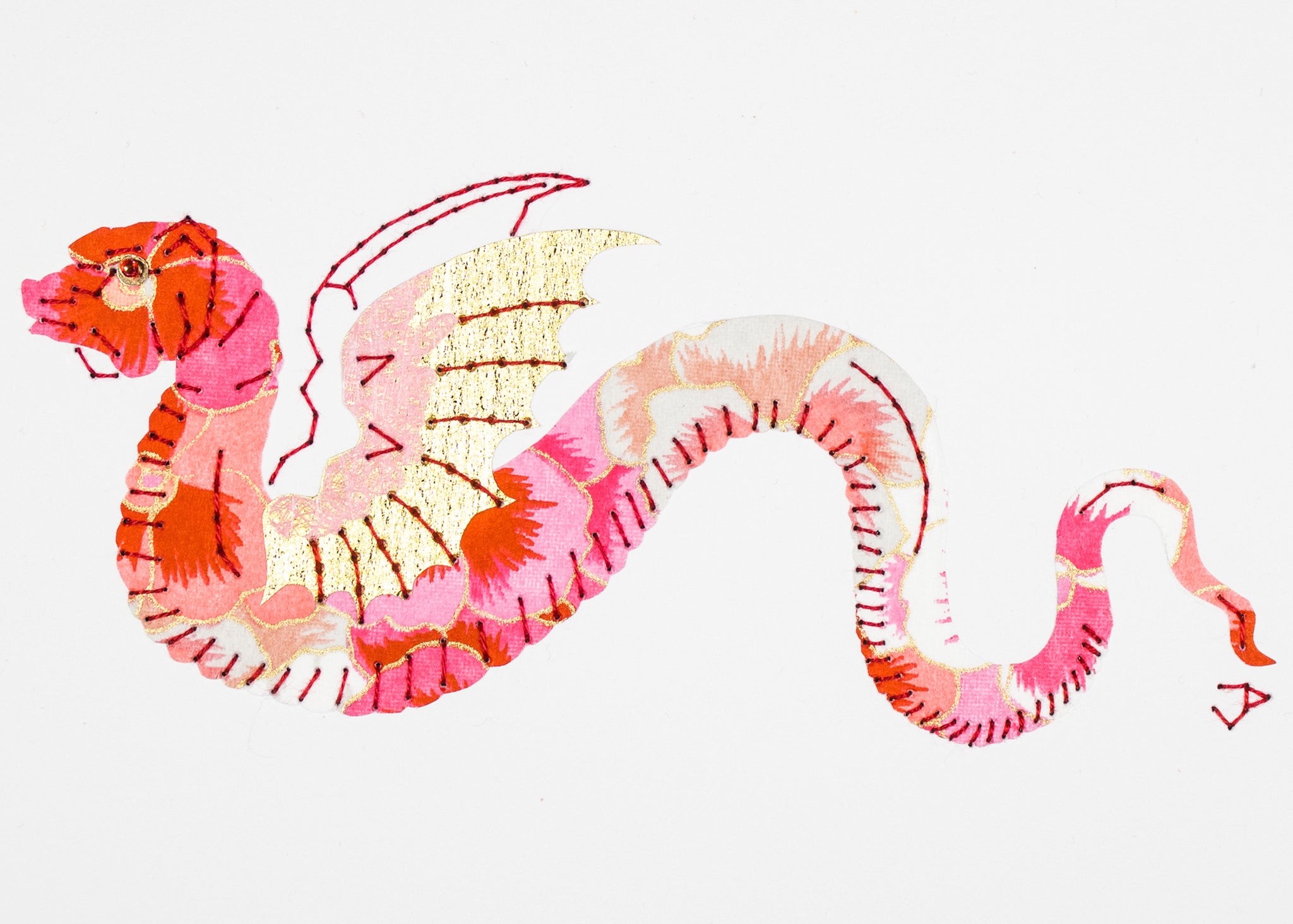 Winged dragon in pink pansies and gold