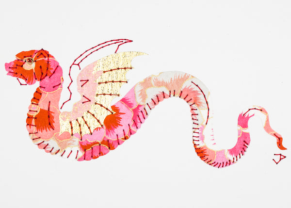 Winged dragon in pink pansies and gold