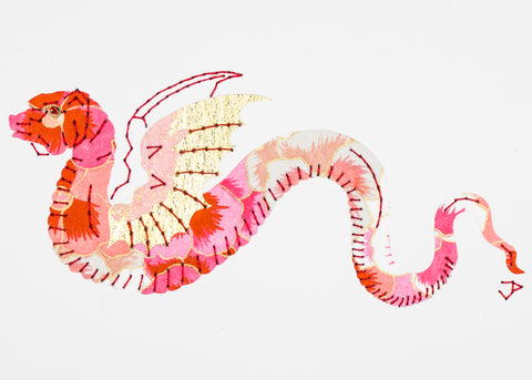 Winged dragon in pink pansies and gold