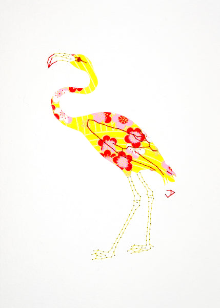 Flamingo in Red & Pink on Yellow