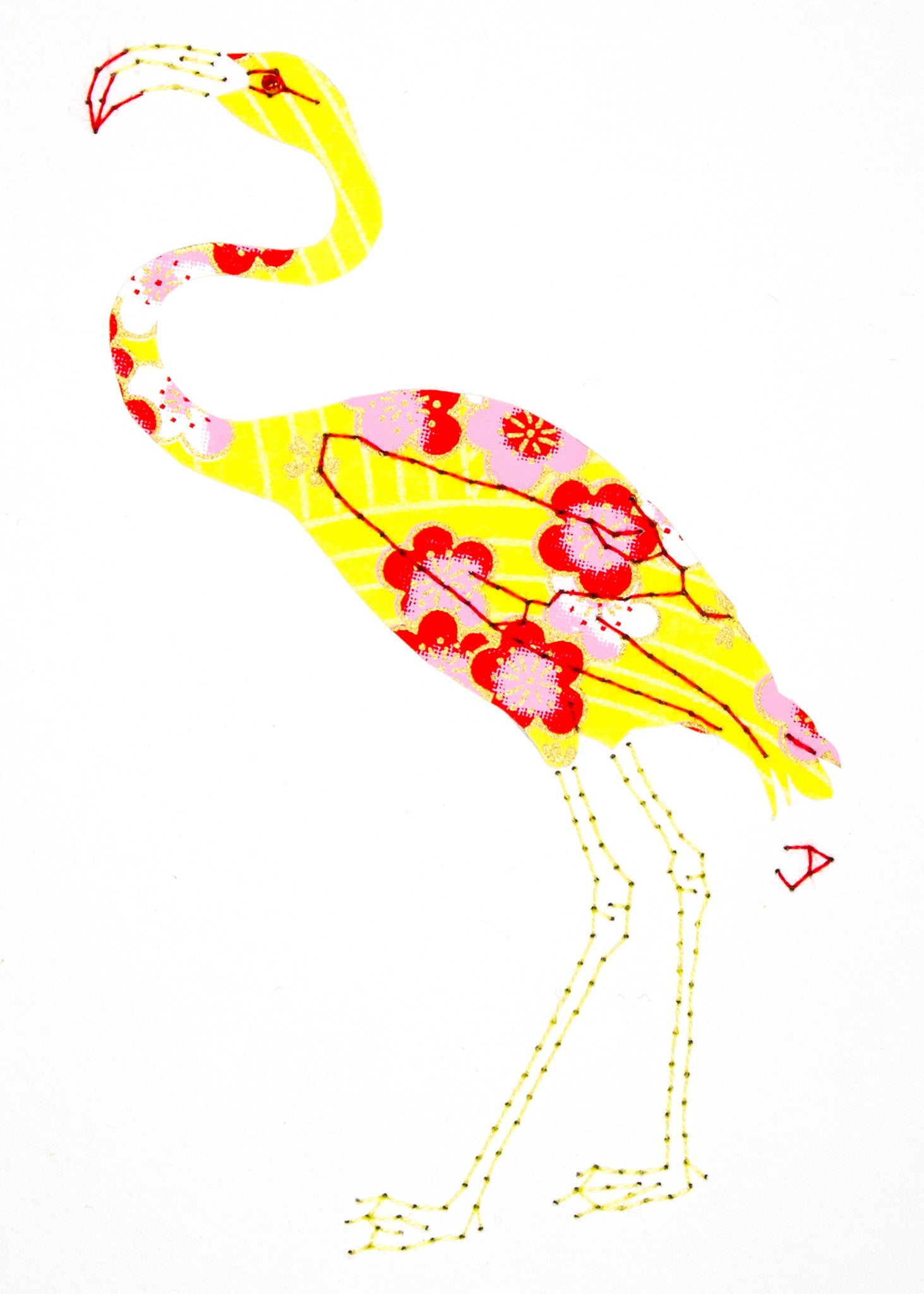 Flamingo in Red & Pink on Yellow