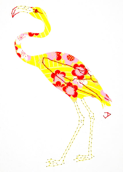 Flamingo in Red & Pink on Yellow