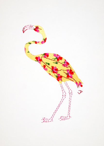 Flamingo in Red & Pink Flowers on Gold