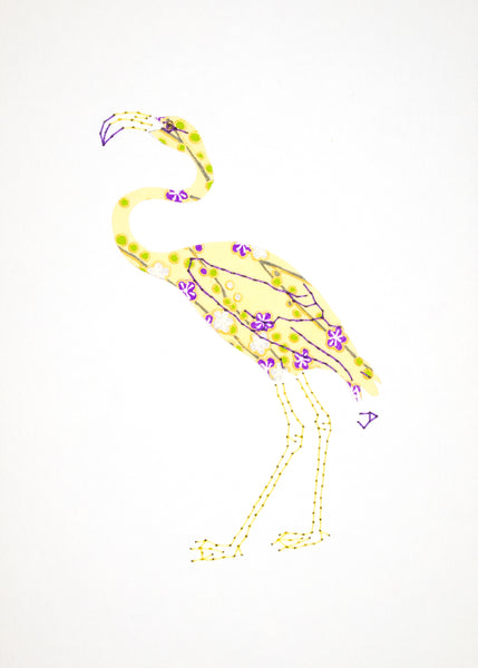 Flamingo in Purple Flowers on Pale Yellow