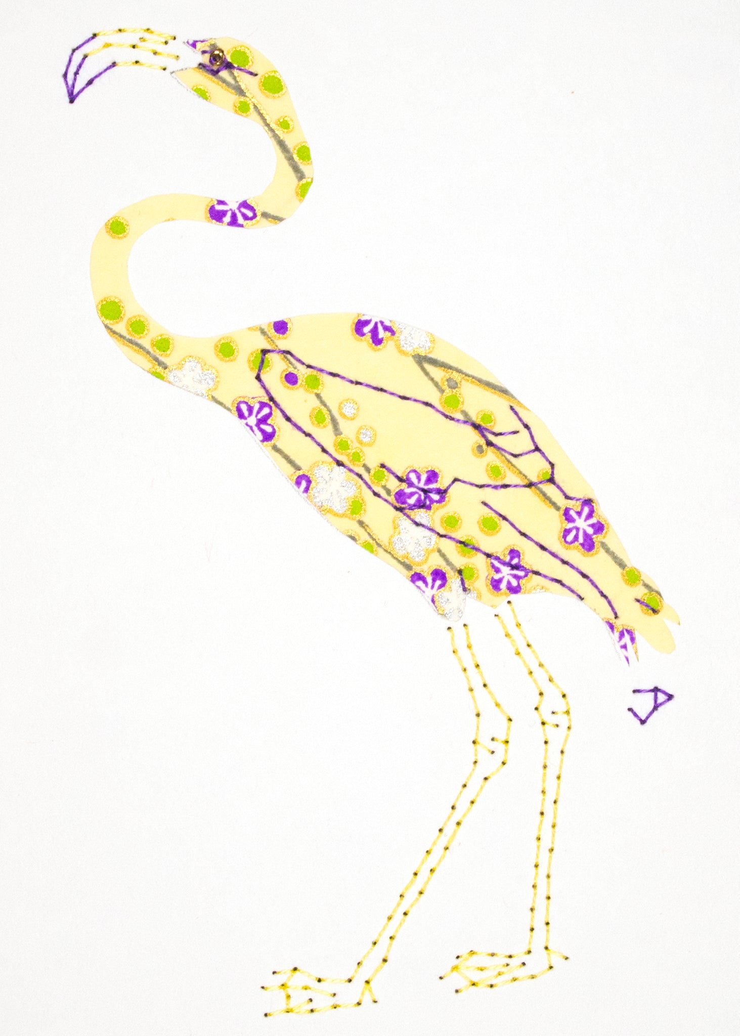 Flamingo in Purple Flowers on Pale Yellow