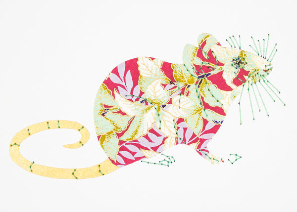 House Mouse in Green Leaves on Red