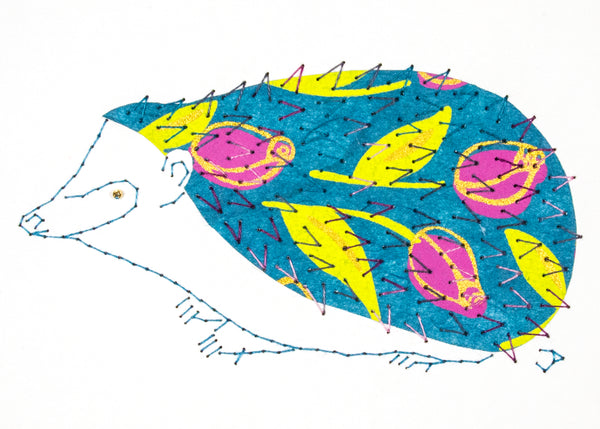 Hedgehog in Pink Flowers on Blue