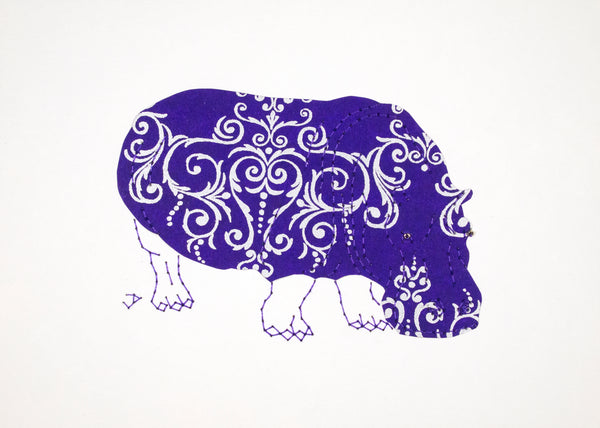 Hippopotamus in Silver on Royal Blue