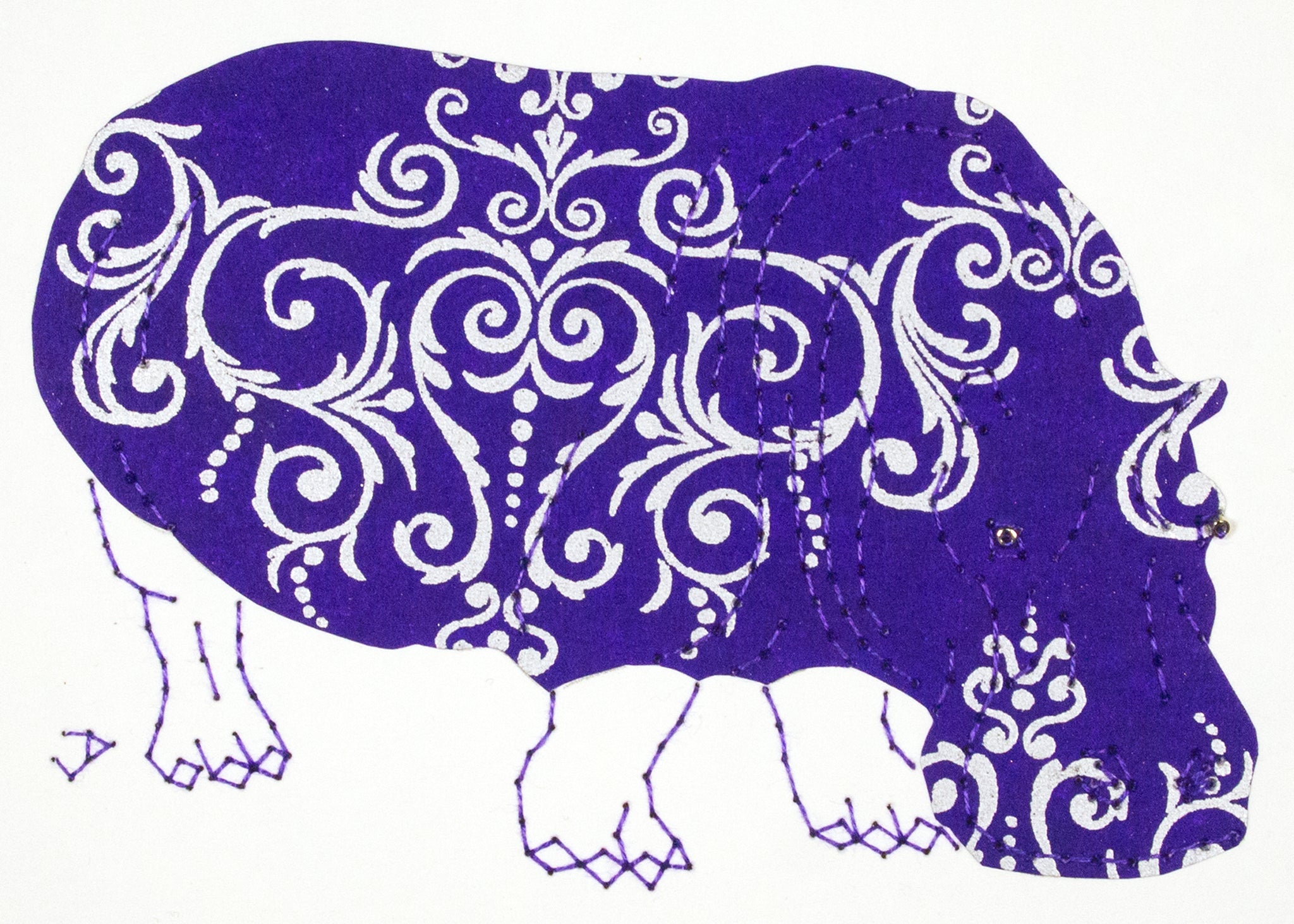 Hippopotamus in Silver on Royal Blue