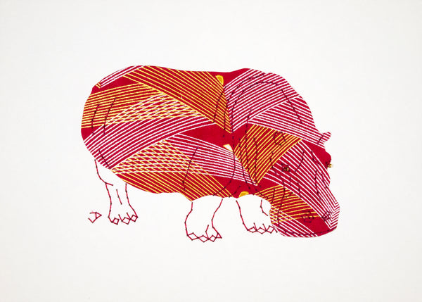 Hippopotamus in Gold & Silver on Red