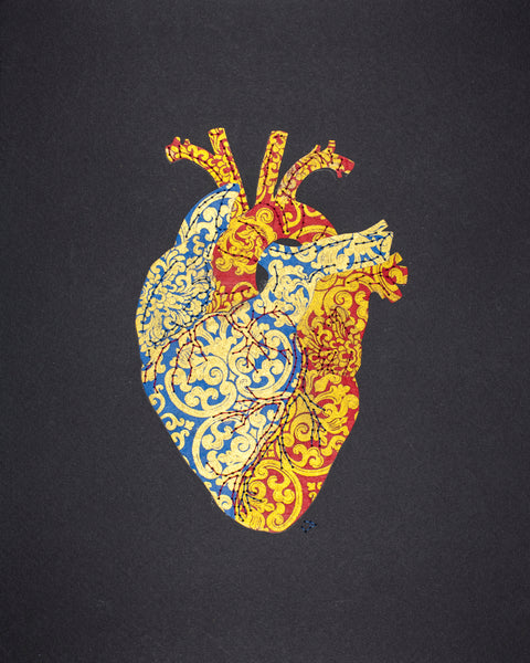 Heart in gold on blue & red
