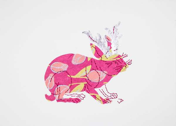 Jackalope in Pink Flowers & Silver