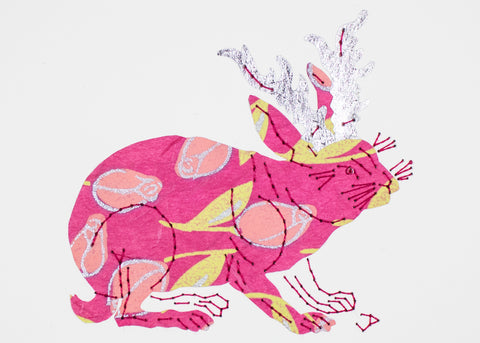 Jackalope in Pink Flowers & Silver
