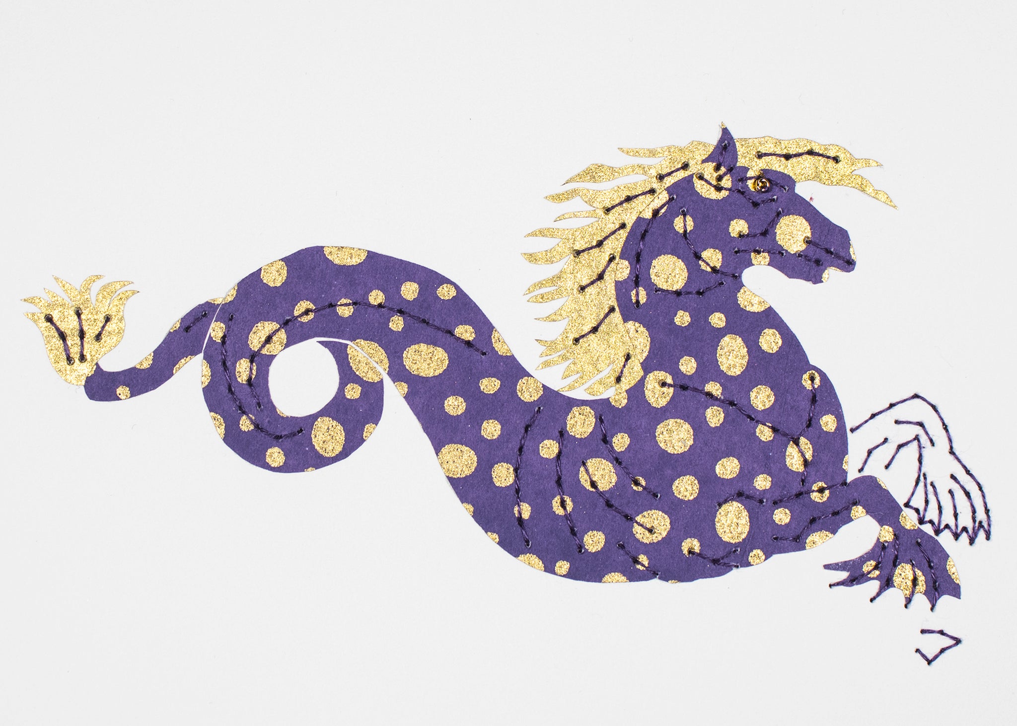 Monstrous Seahorse in Gold Dots on Purple
