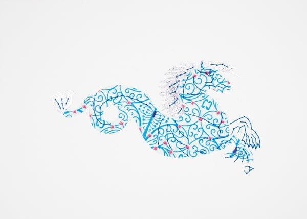 Monstrous Seahorse in blue & silver filigree