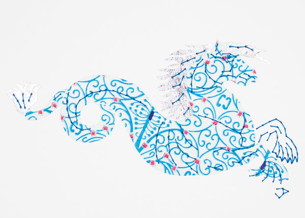 Monstrous Seahorse in blue & silver filigree