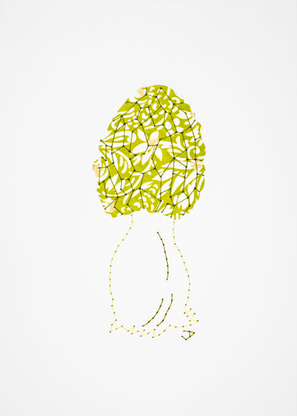 Black morel in lime green filigree