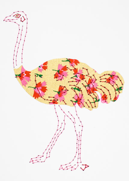 Ostrich in pink and red on gold