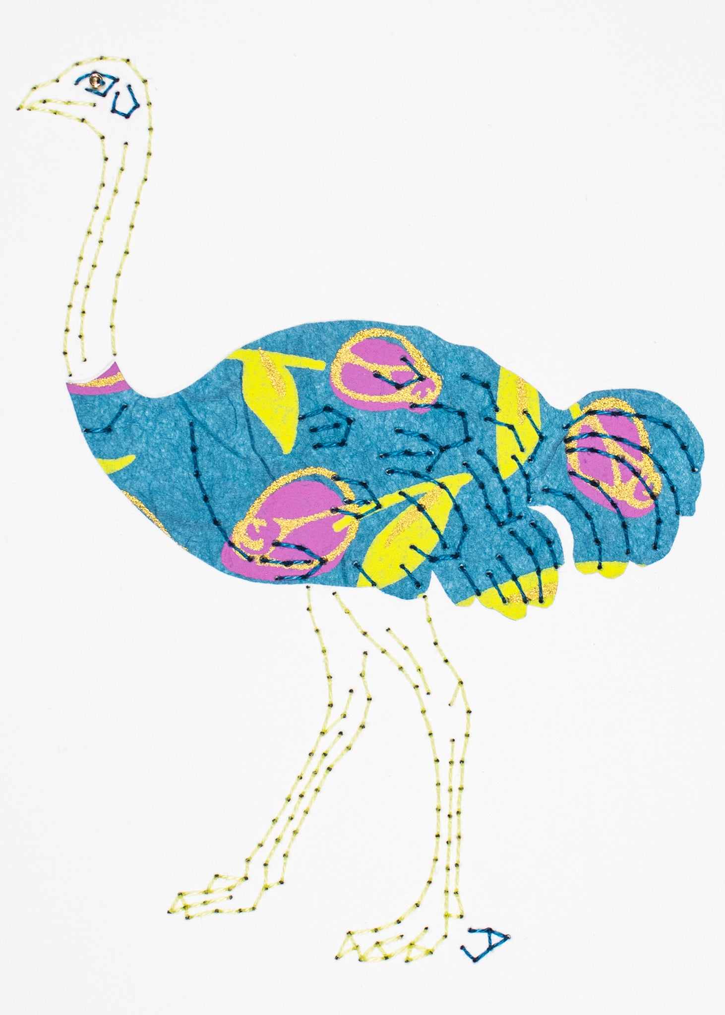 Ostrich in pink flowers on blue