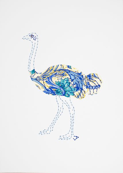 Ostrich in blue, teal, and gold