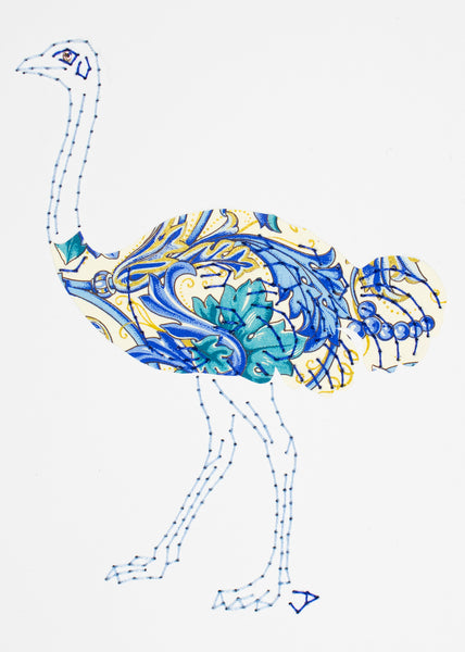 Ostrich in blue, teal, and gold