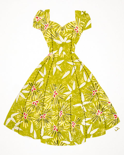 Pinup #028: Pinup dress in lime green, gold, and silver