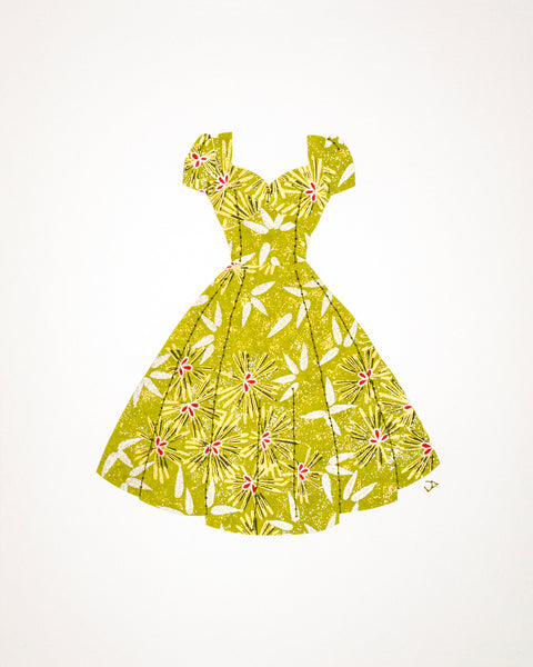 Pinup #028: Pinup dress in lime green, gold, and silver