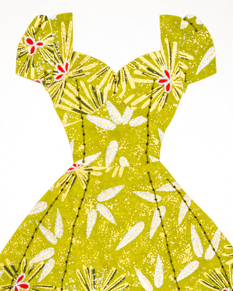 Pinup #028: Pinup dress in lime green, gold, and silver