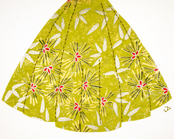 Pinup #028: Pinup dress in lime green, gold, and silver