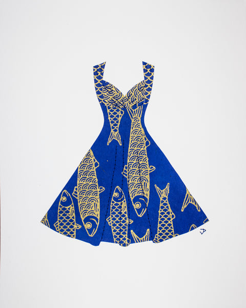 Pinup #034: Pinup dress in golden fish on bright blue