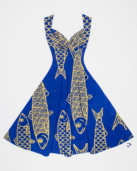 Pinup #034: Pinup dress in golden fish on bright blue