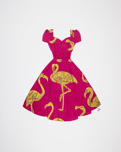 Pinup #036: Pinup dress in gold flamingos on bright pink