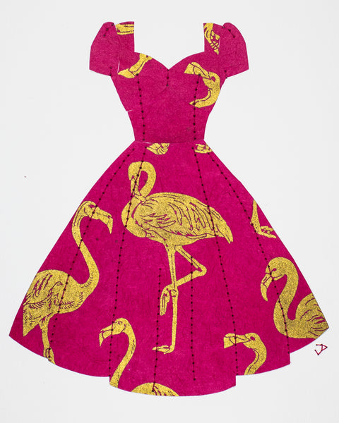 Pinup #036: Pinup dress in gold flamingos on bright pink