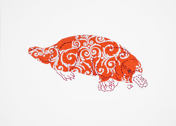 Platypus in Silver FIligree on Red