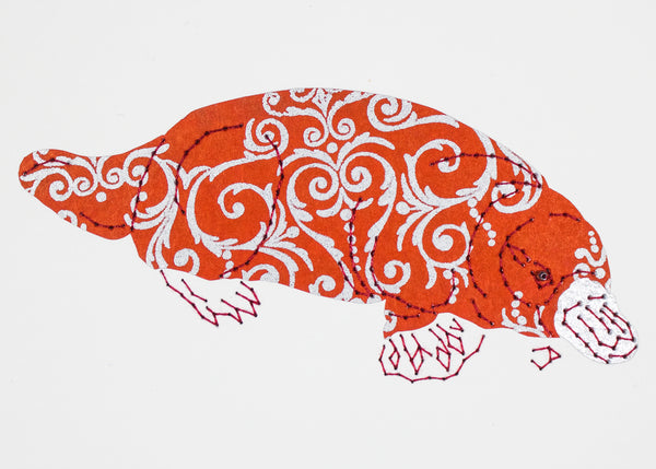 Platypus in Silver FIligree on Red